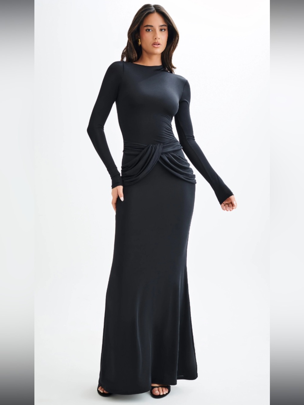 Meshki medium Elegant Black Long-Sleeve Draped Waist Maxi Dress